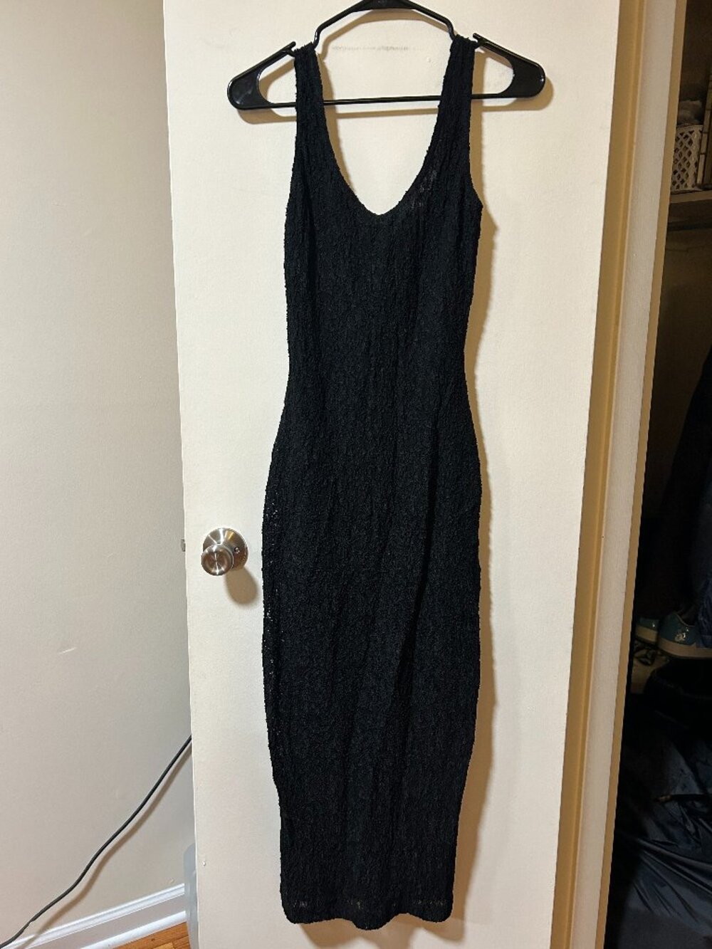UP Front -- y2k, black lace maxi bodycon dress, low back, slit on back of dress